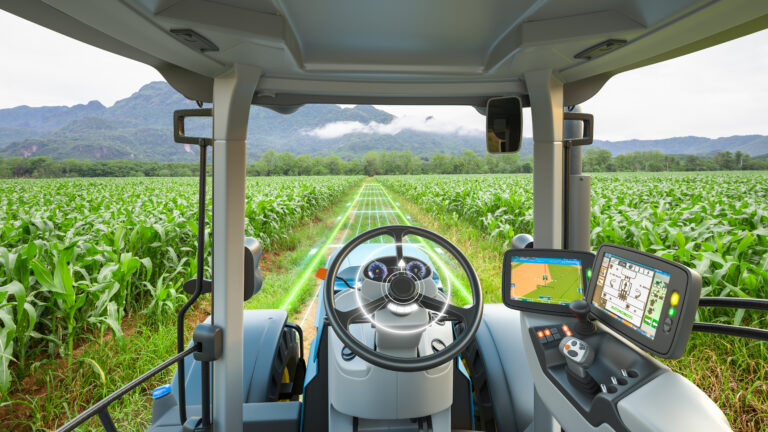5G autonomous tractor working in corn field, Future technology w